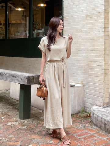 Hazel Wrinkle Short Sleeve T-Blouse Banding Wide Pants Set